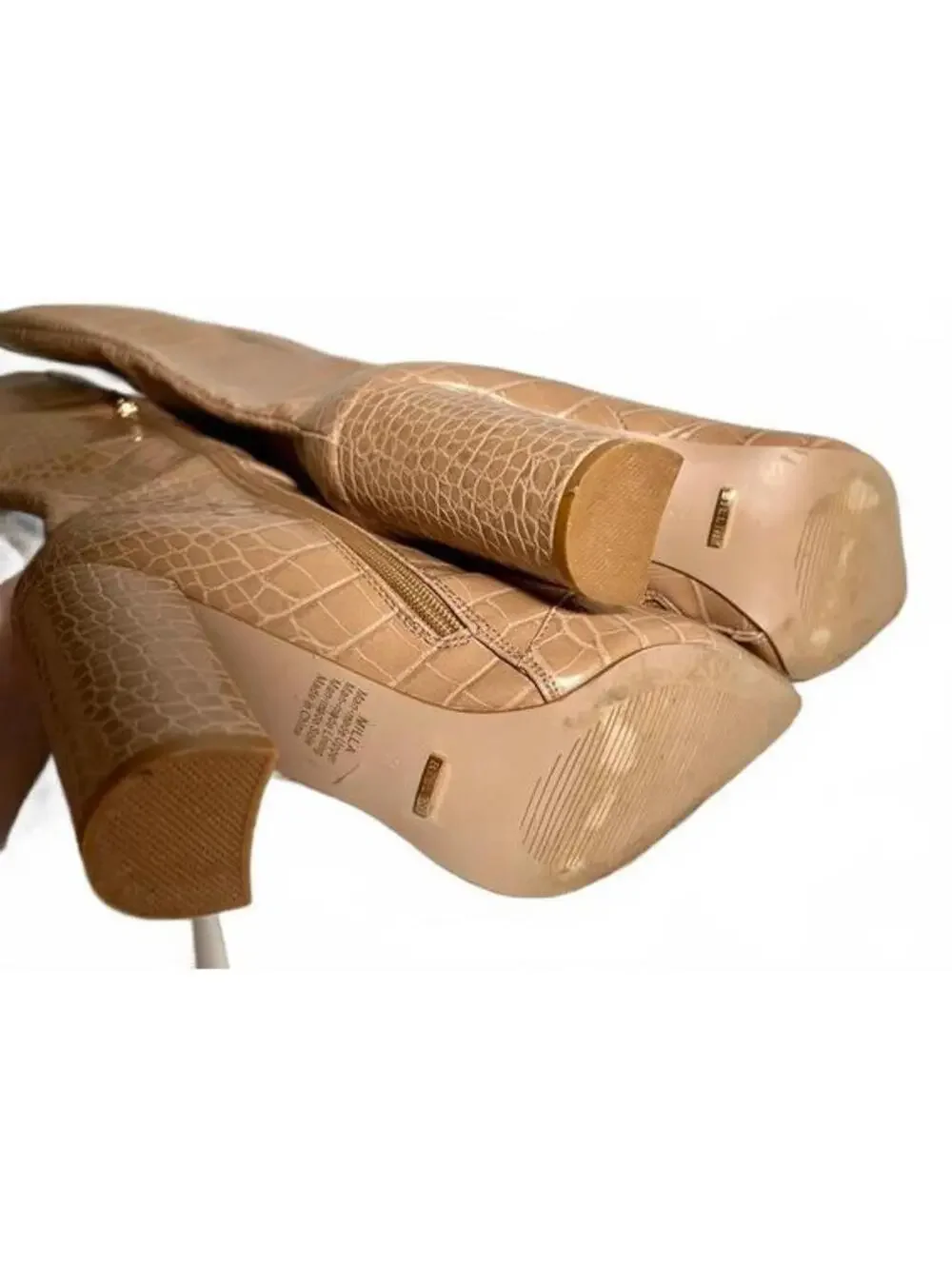 Billini Milla Knee High Boots Beige Croc Embossed Block Heel Pointed Toe size 8